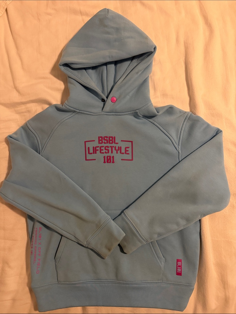BSBL Light Blue Hoodie Sweatshirt with Magenta Logo